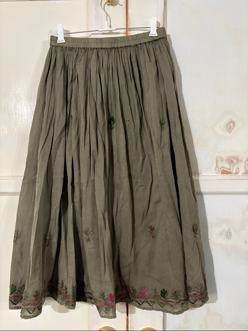 Embroidered Olive Midi Skirt with Elastic Waist